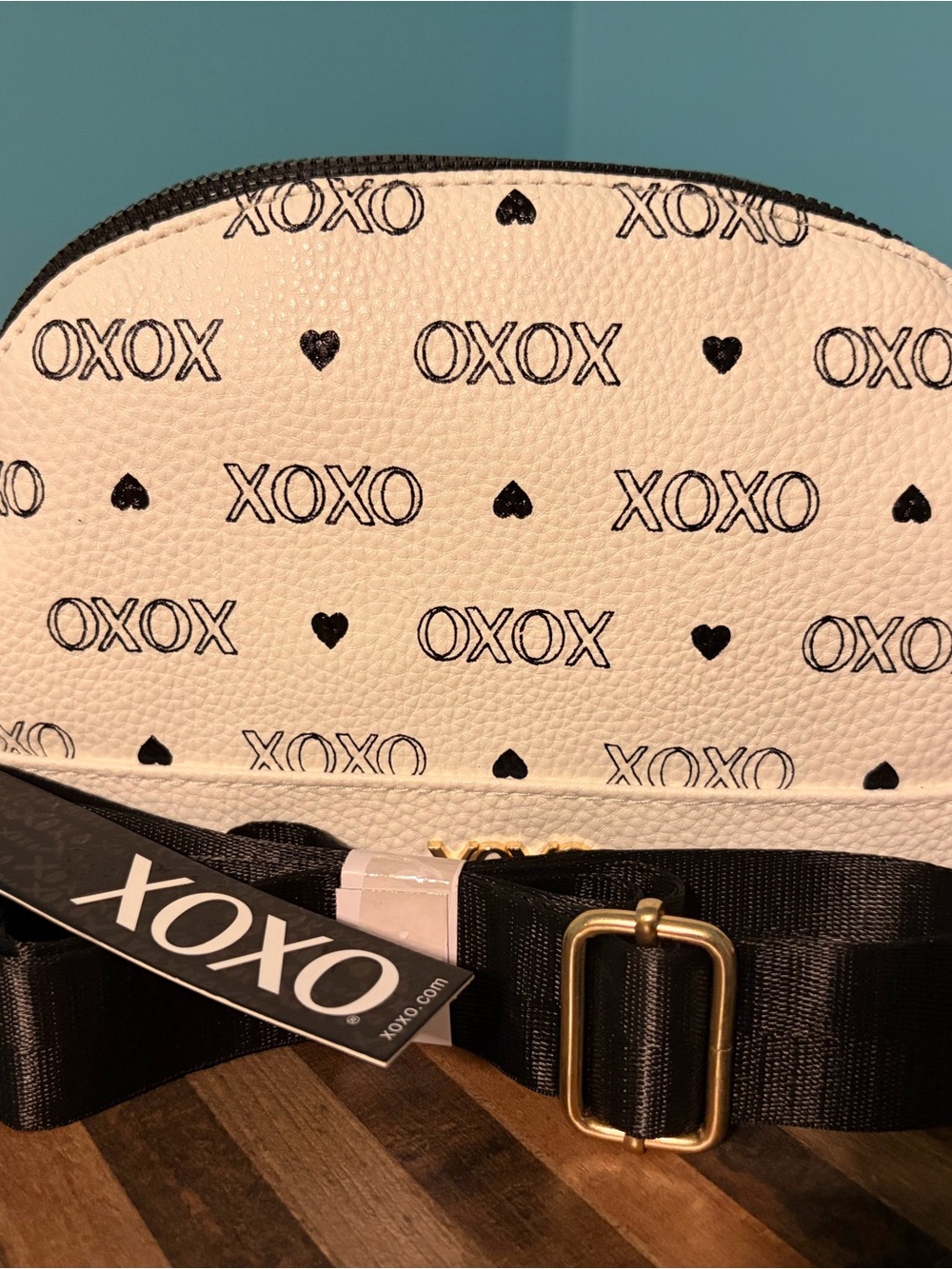 XOXO White Crossbody Bag with Black Print and Strap- NWT!